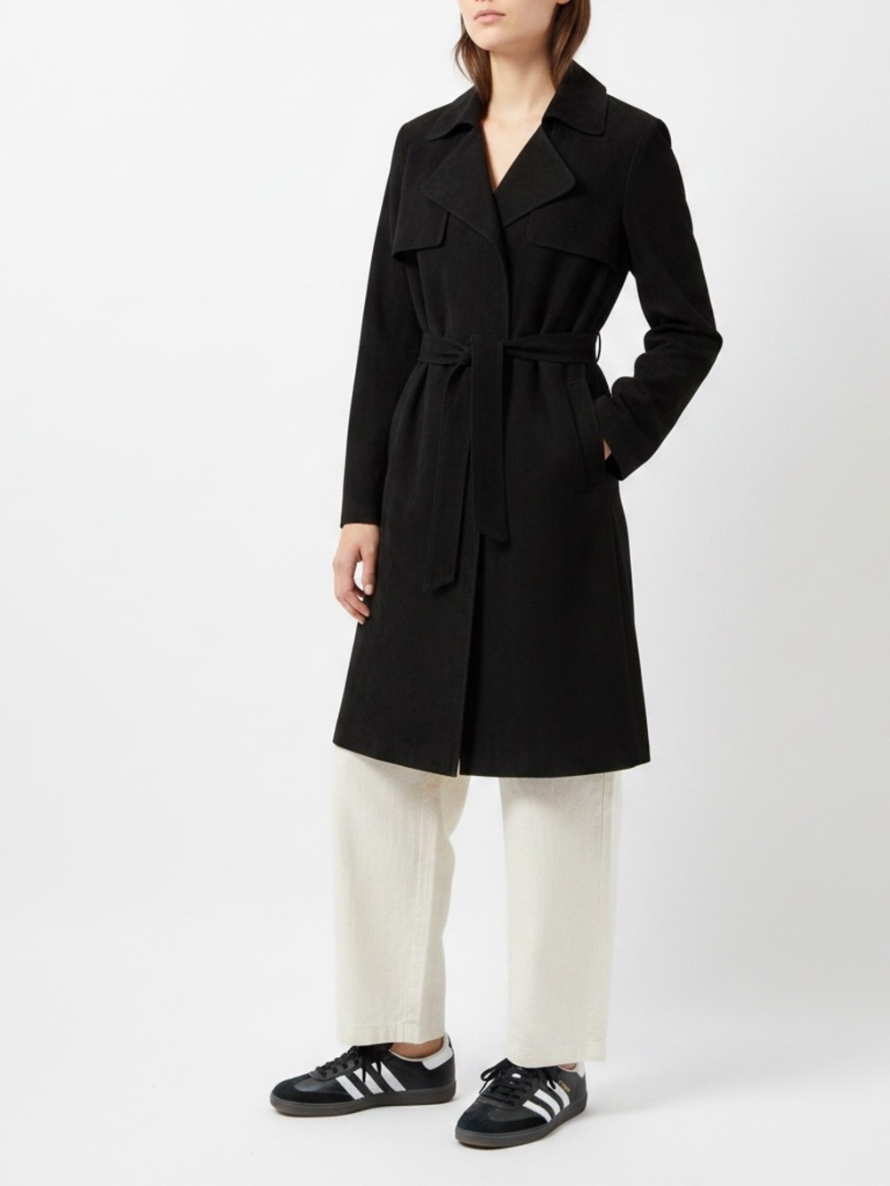 Black Faux Suede Women's Belted Trench Coat